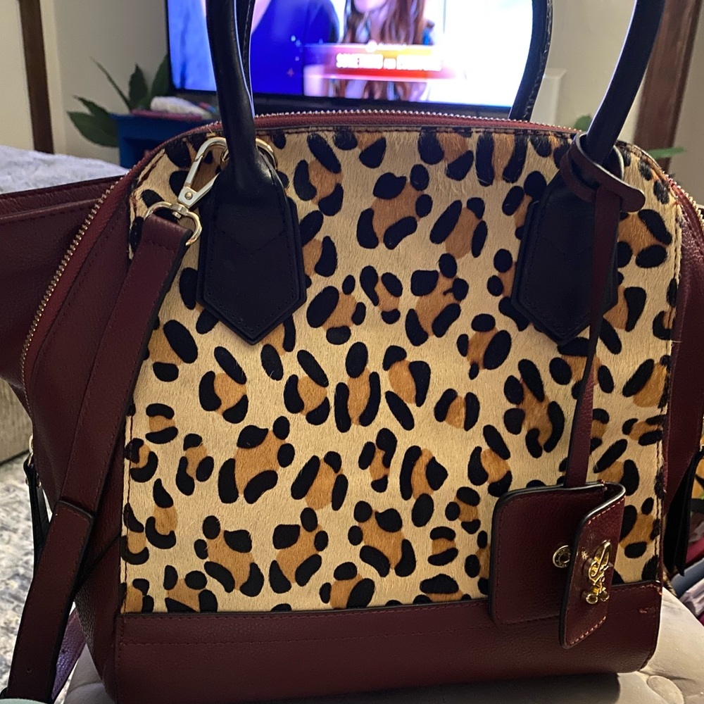 Vintage Chic Leopard faux, fur print and Burgundy Satchell Purse Handbag